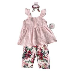 Girls Size 6 Matching Set Pink Floral Pull On Legging Shorts and Top by Btween